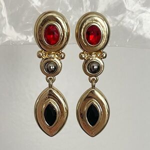 RJG Graziano Gem Crystal Dangle Drop Clip On Earrings Gold Tone Red Gray Black
